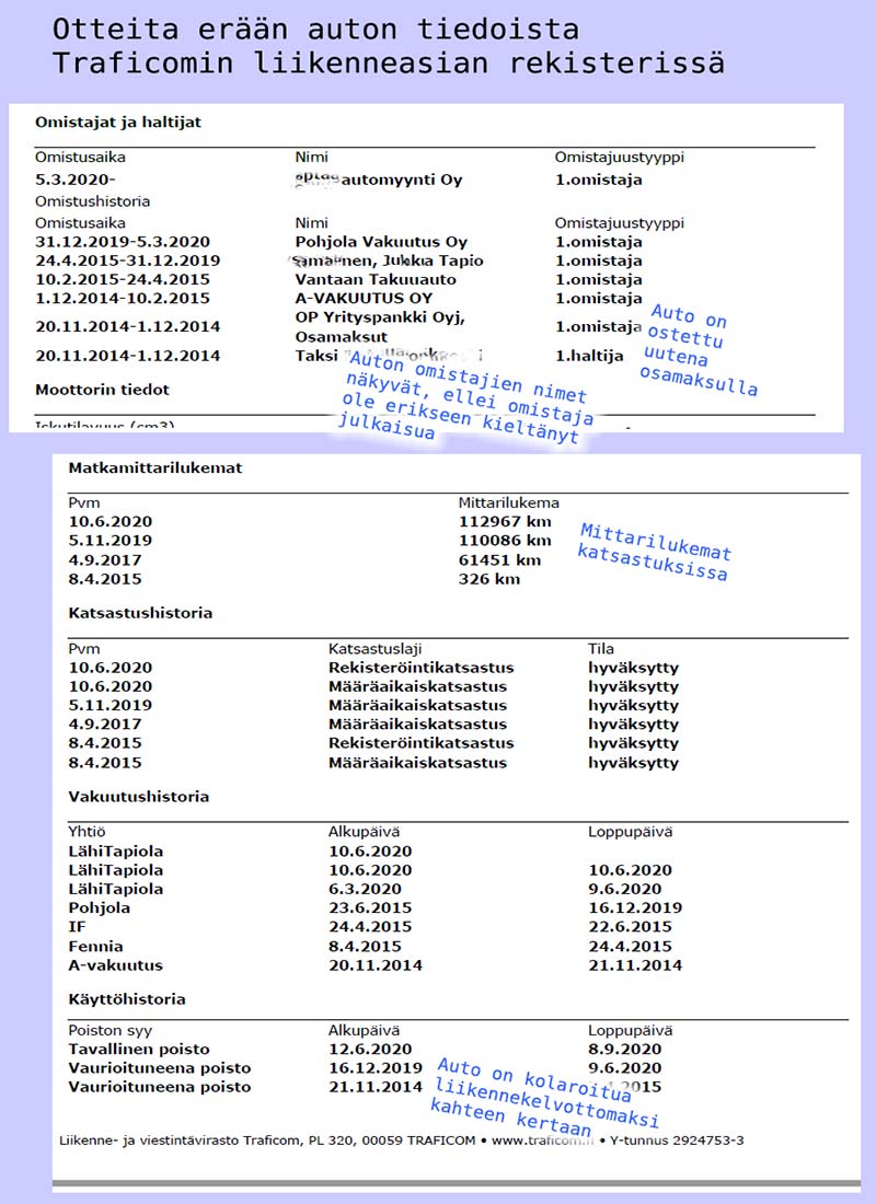 Esimerkki Traficom -ajoneuvon laajoista tiedoista